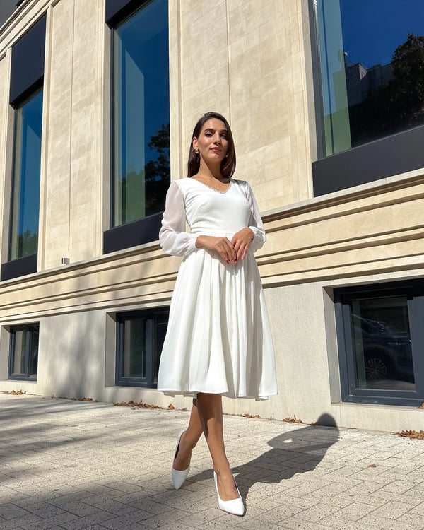 White midi dress for civil wedding with long sleeves