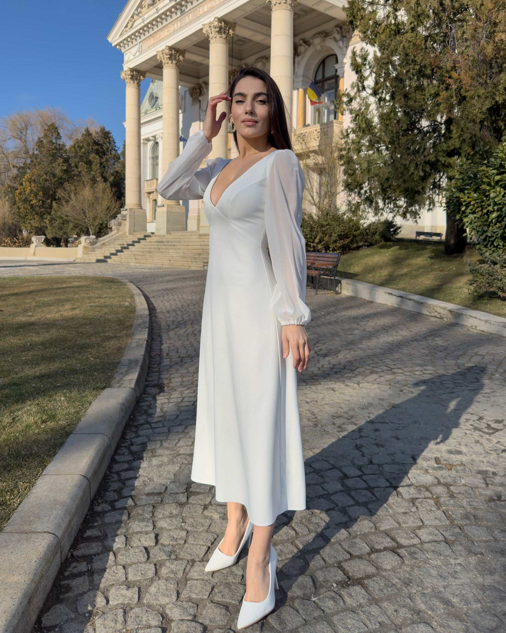 White midi dress with long sleeves, V-neckline