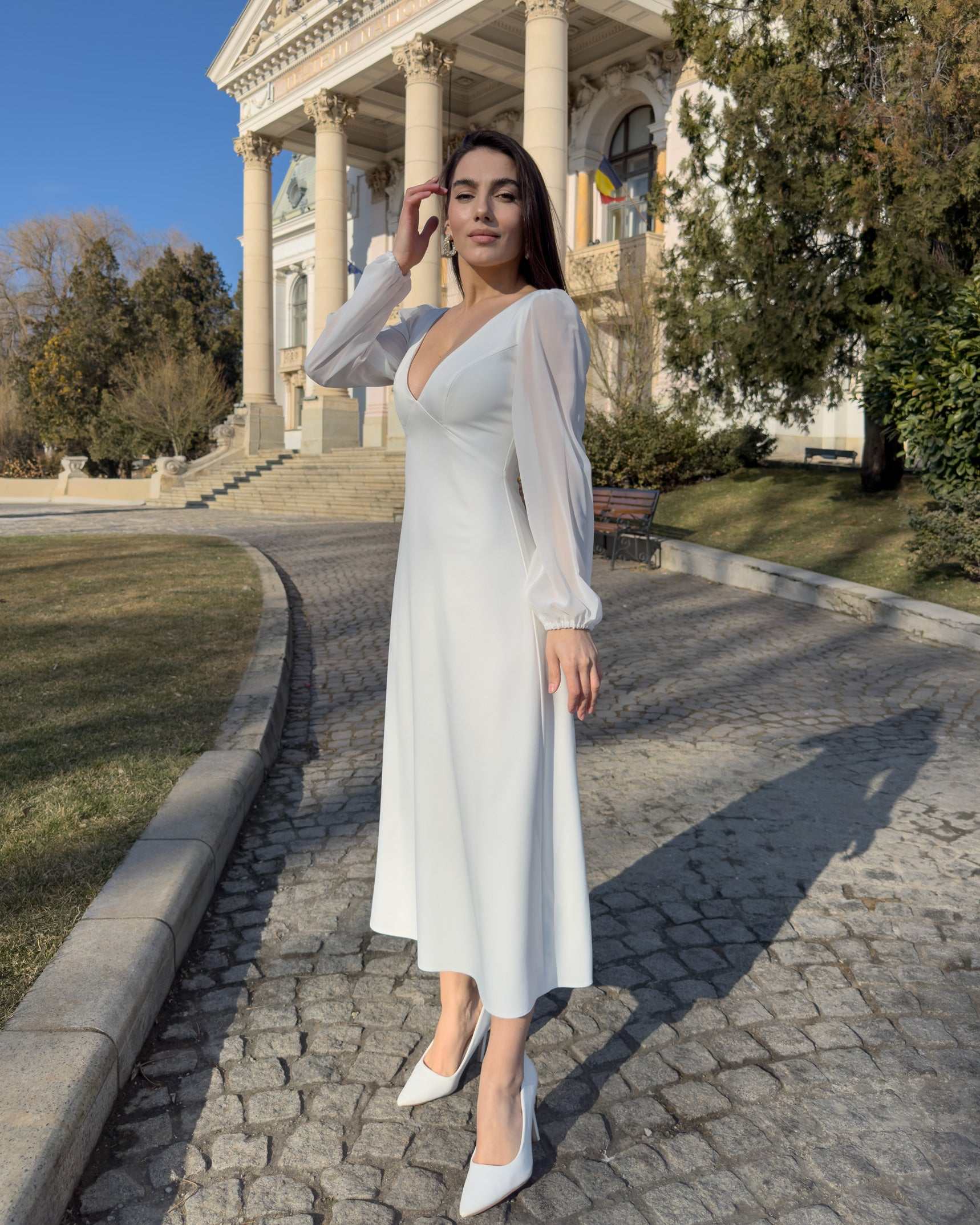 White midi dress with long sleeves, V-neckline