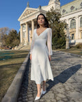 White midi dress with long sleeves, V-neckline