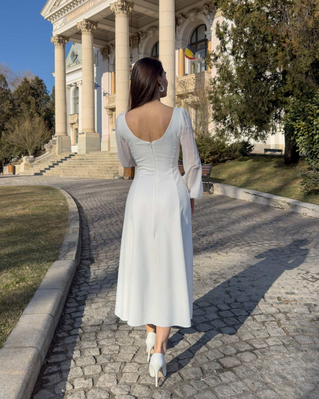 White midi dress with long sleeves, V-neckline