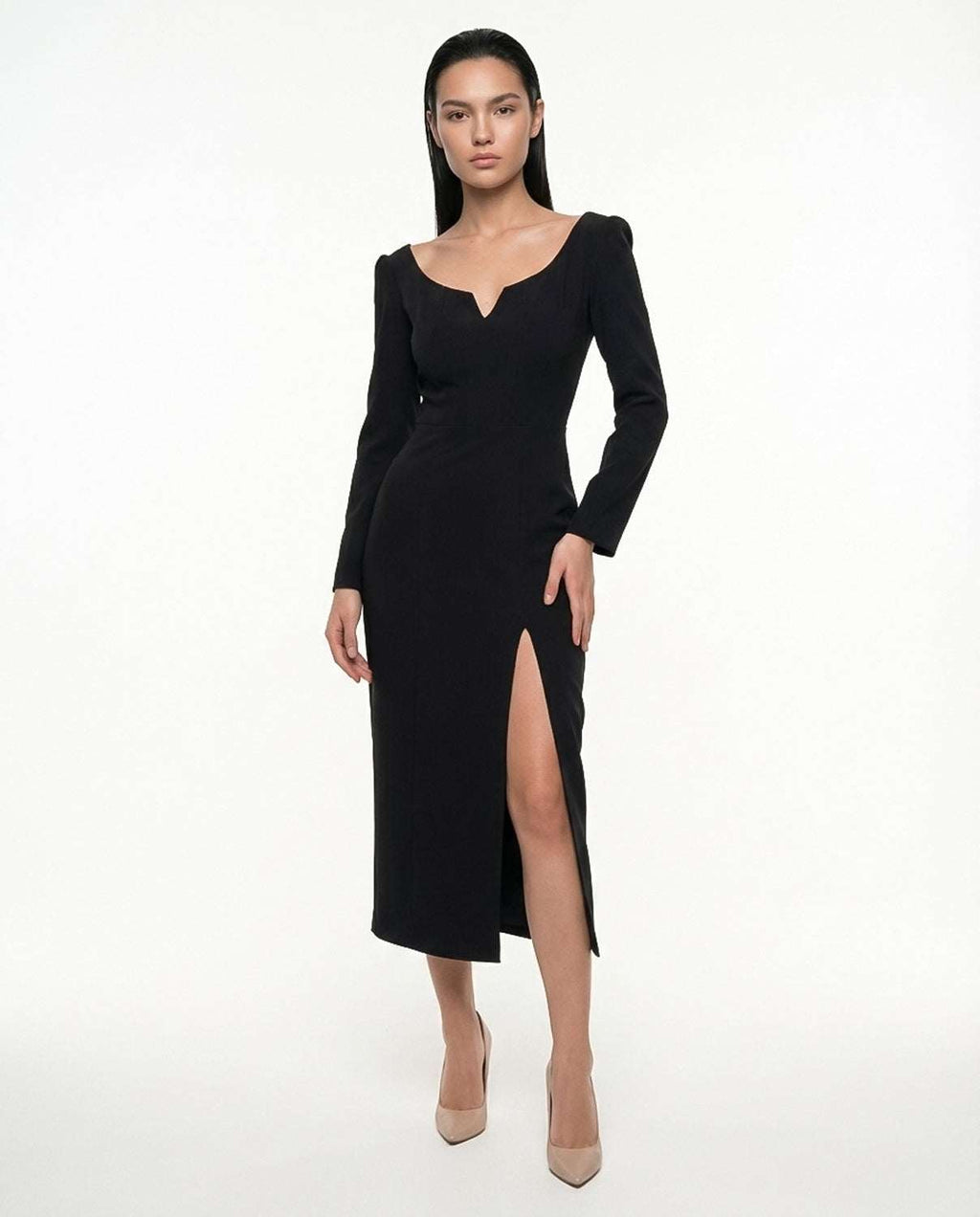 Elegant black classic casual party dress with slit, long sleeves