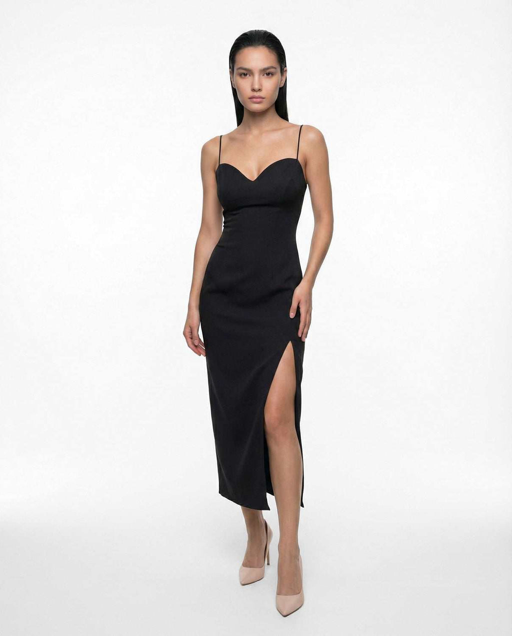 Elegant black midi dress with straps and side slit