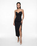 Elegant black midi dress with straps and side slit