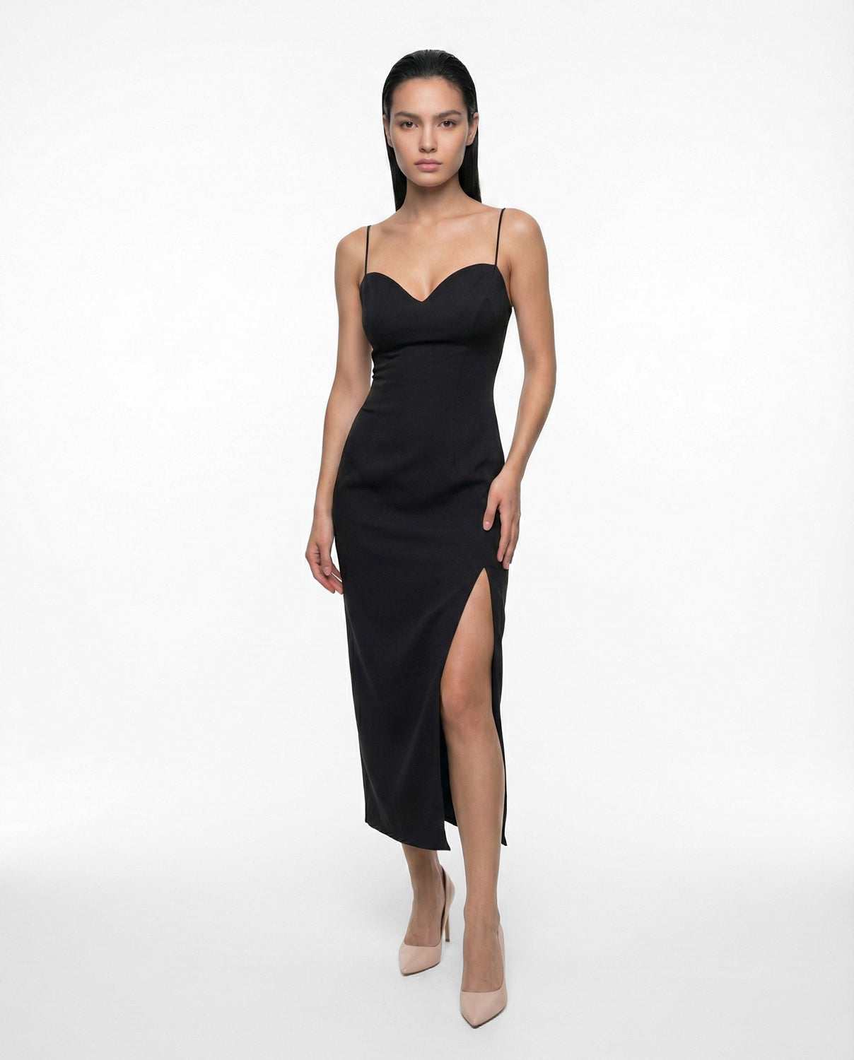 Elegant black midi dress with straps and side slit