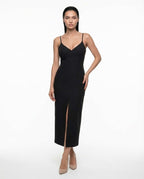 Elegant black evening dress, with cut