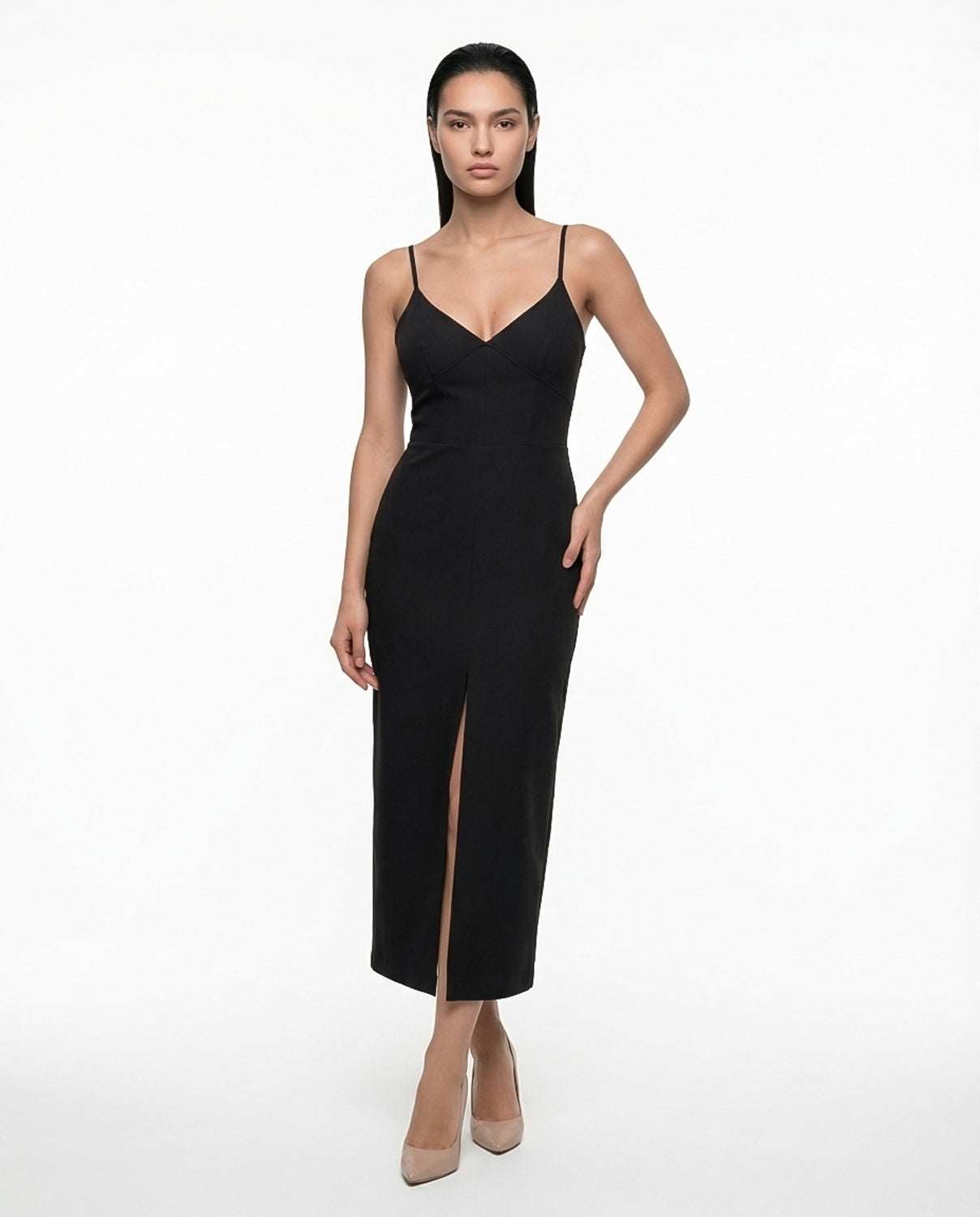 Elegant black evening dress, with cut