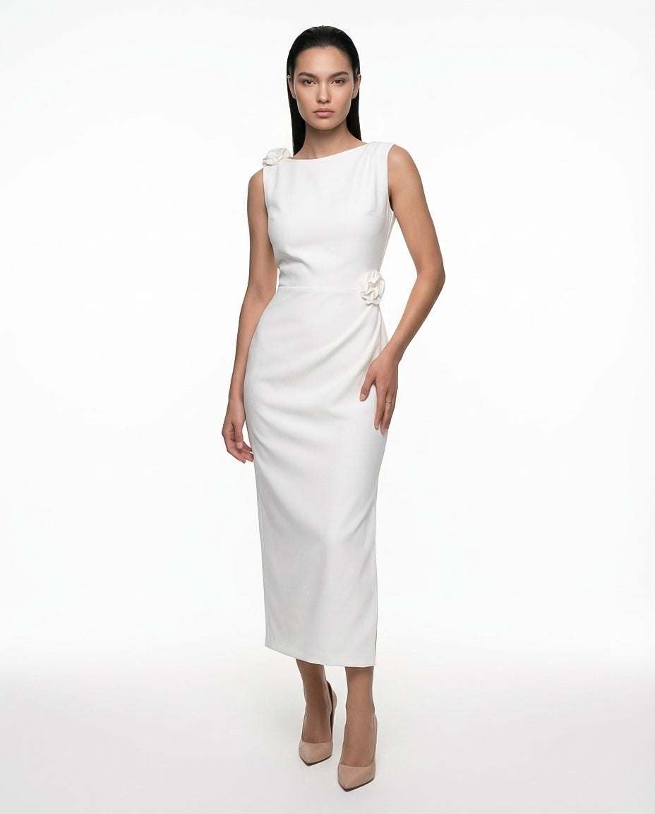White sleeveless midi dress, fitted silhouette, elegant wrap design