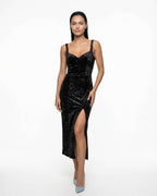Black velvet fitted dress with straps and slit and elegant neckline
