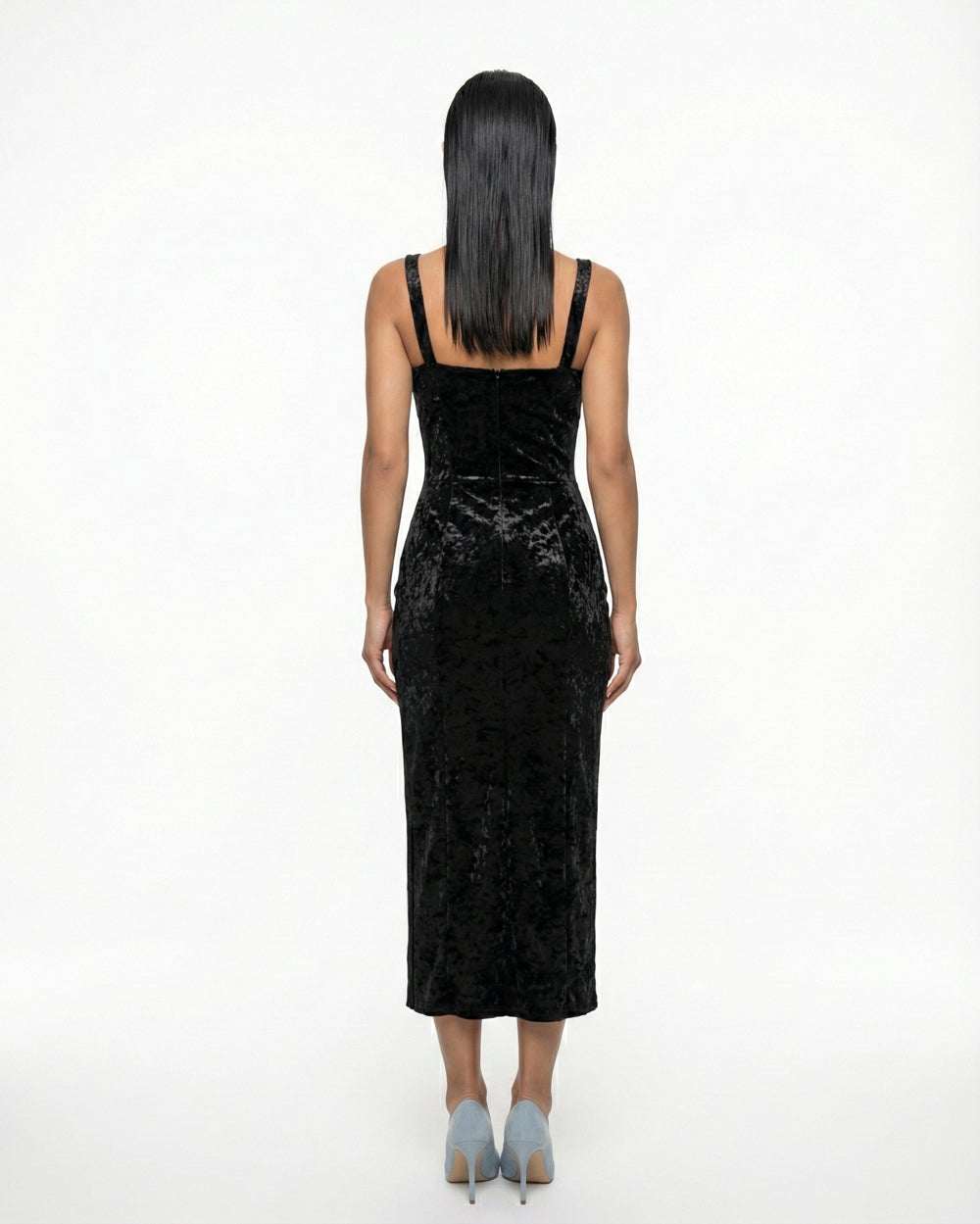 Black velvet fitted dress with straps and slit and elegant neckline