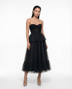 Elegant black midi dress with corset, party dress with fine lace