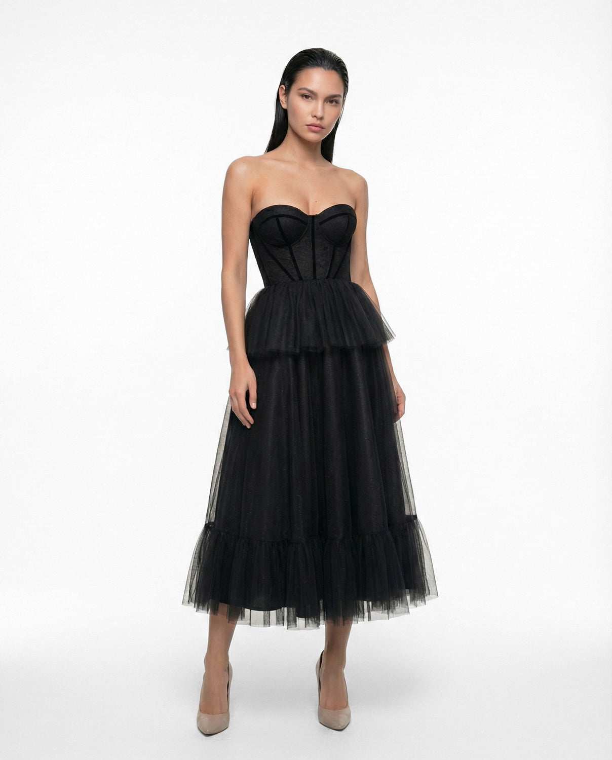 Elegant black midi dress with corset, party dress with fine lace
