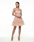 Elegant short light pink occasion dress with corset