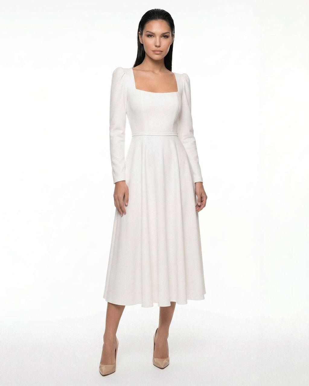 White midi dress with long crepe sleeves for civil, religious weddings
