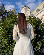 White midi civil wedding dress with lace sleeves