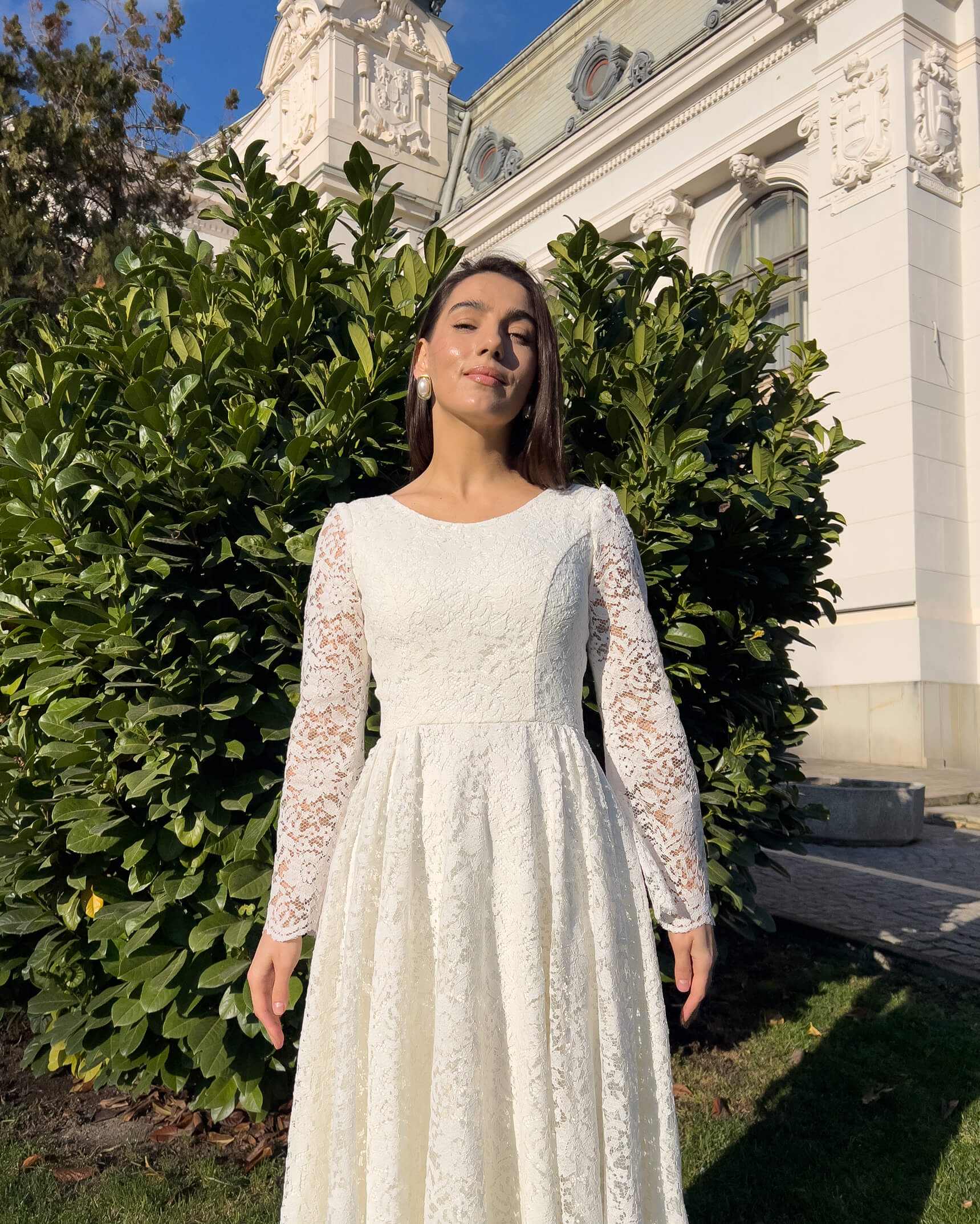 White midi civil wedding dress with lace sleeves