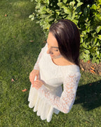 White midi civil wedding dress with lace sleeves