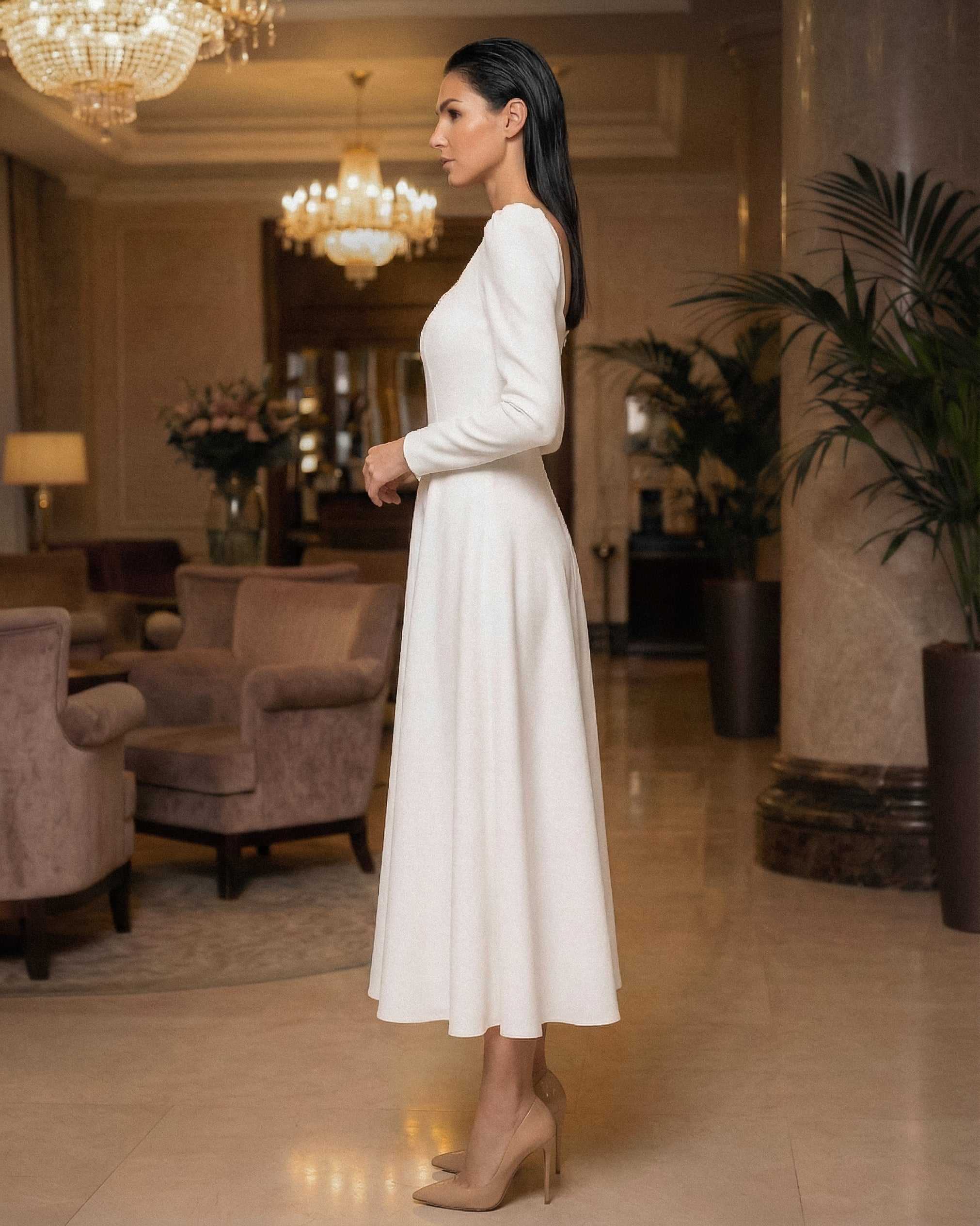 White midi dress with long crepe sleeves for civil, religious weddings
