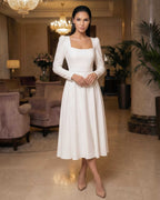 White midi dress with long crepe sleeves for civil, religious weddings