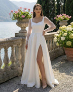 Elegant long white satin wedding dress with slit, long sleeves