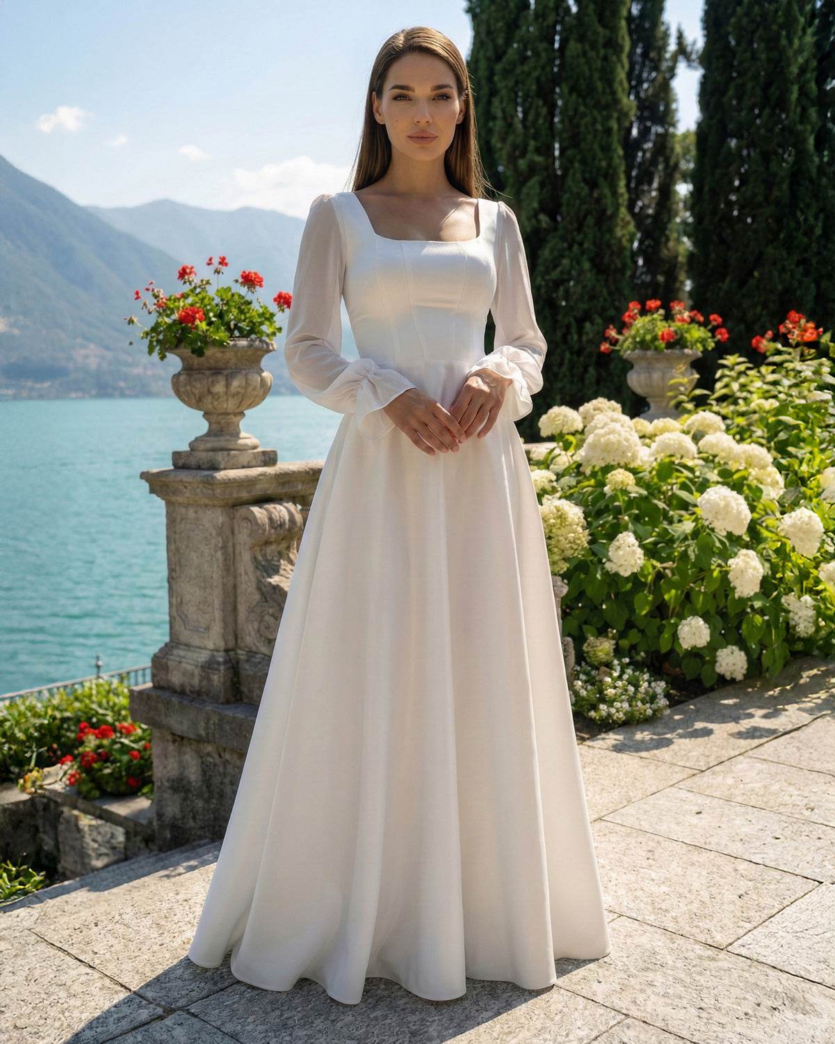 Long A-line wedding dress, adjustable bodice, long veil sleeves