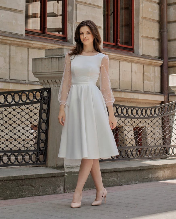 Rochie cununie civila midi cu mâneci transparente perle satin regal.