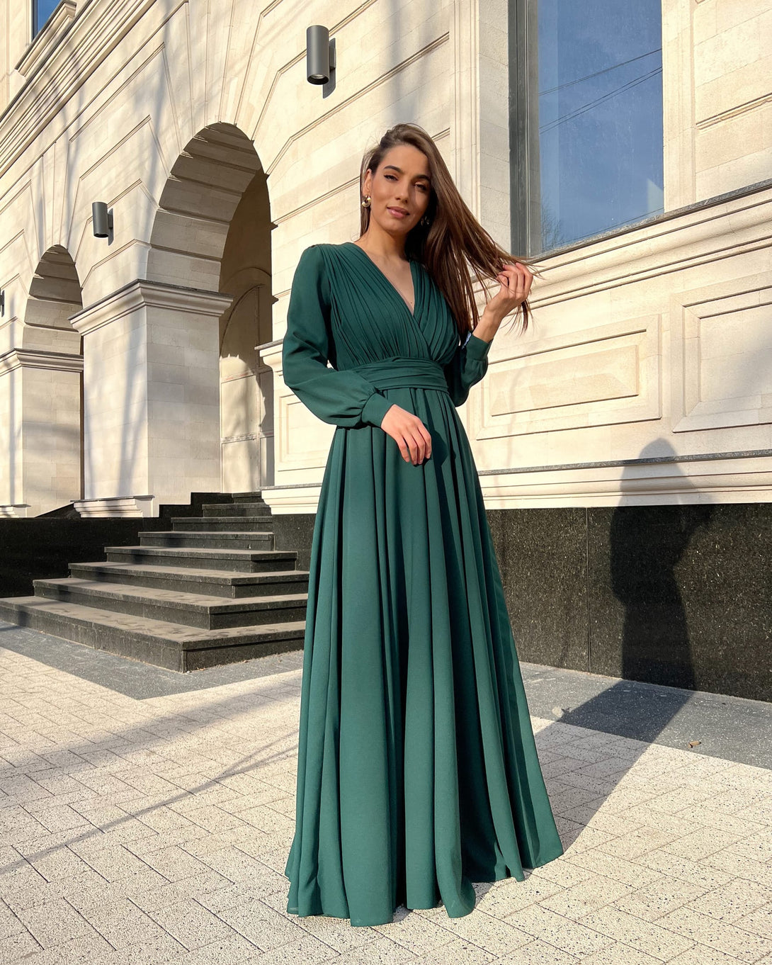 Rochie eleganta de seara lunga din voal verde - BELLADRESS