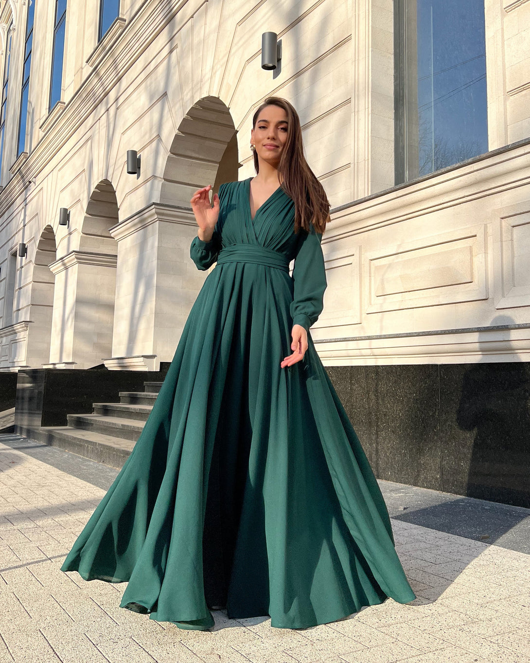 Rochie eleganta de seara lunga din voal verde - BELLADRESS