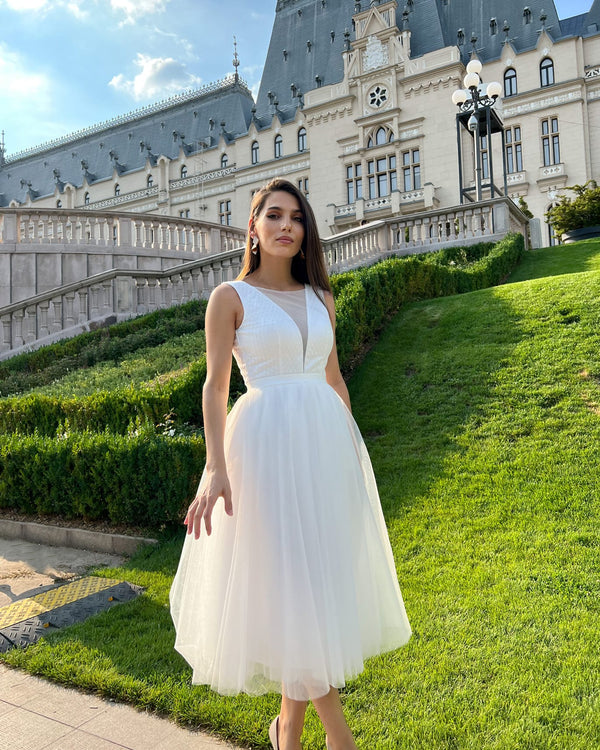 Rochie eleganta pentru cununie civila midi fara maneci - BELLADRESS