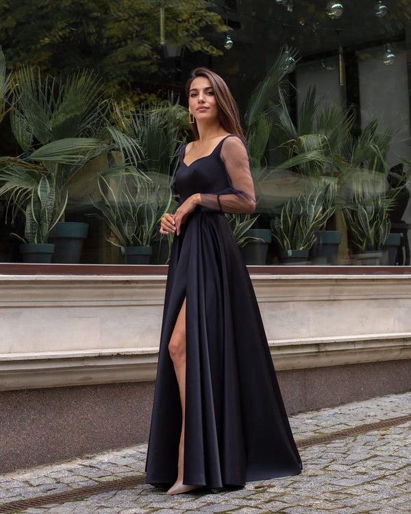 Long black royal satin evening dress with slit