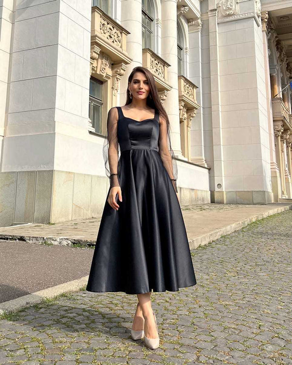 Rochie neagra eleganta de seară maxi cu siret la spate